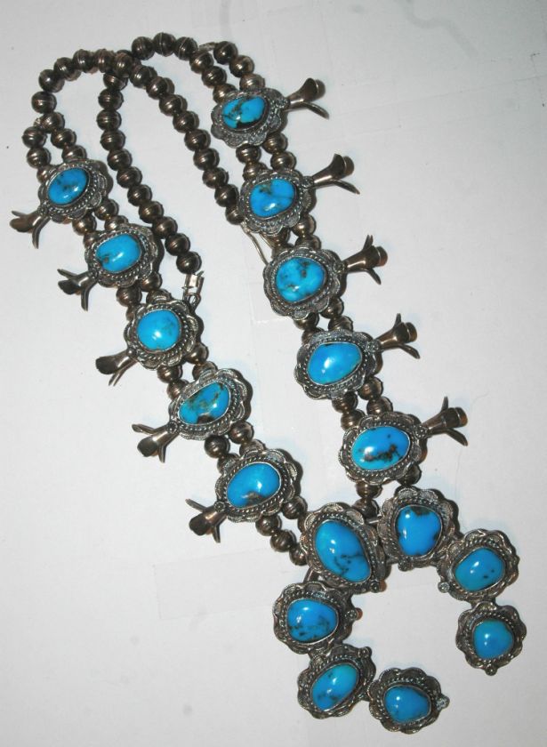 STUNNING OLD NAVAJO BLUE GEM TURQUOISE SQUASH BLOSSOM NECKLACE 177 