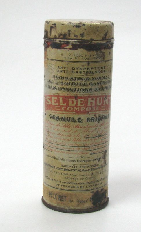 ANTIQUE SEL DE HUNT FRENCH MEDICAL GRANULES TIN BOX  