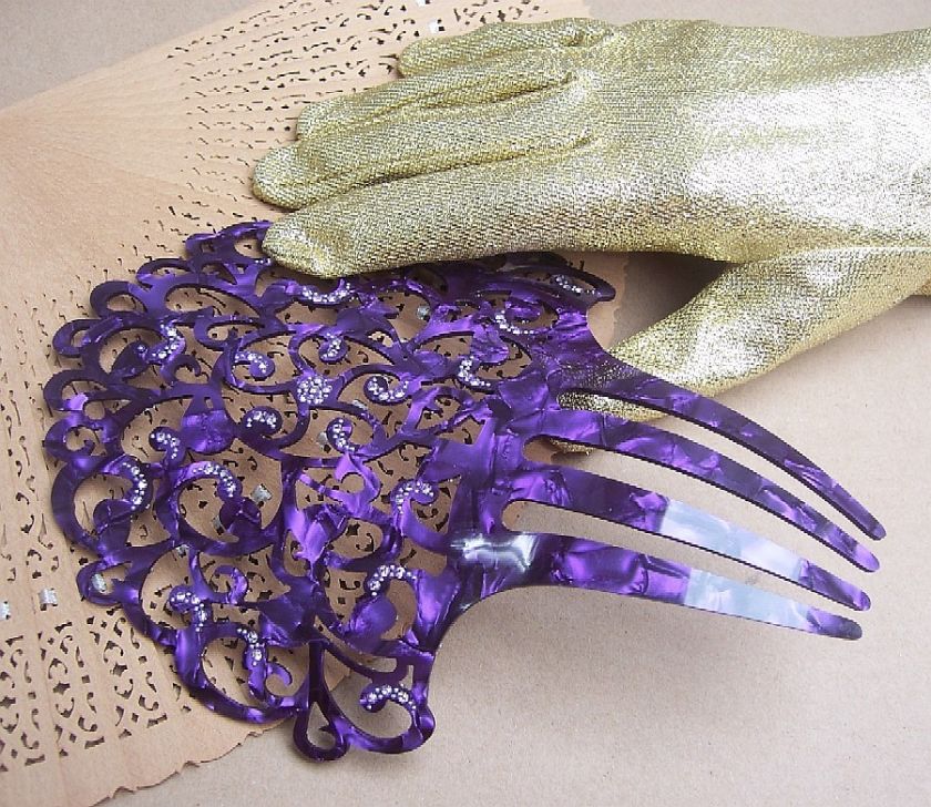 Spanish hair comb, mantilla peineta style purple with rhinestone trim 