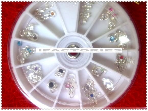 Mixed Design Nail Art Acrylic Tips Glitters Metal Rhinestones Wheel 