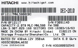 HITACHI HDS5C3020ALA632 2TB P/N 0F12117 MLC MNL580  