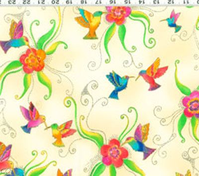   Flying Colors II Humming Birds Cream Metallic Clothworks Fabric  