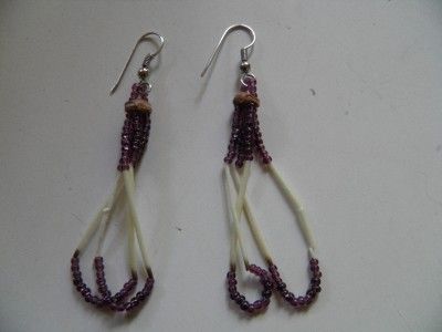 Native American Porcupine Quil Earrings Amythest & Leather  