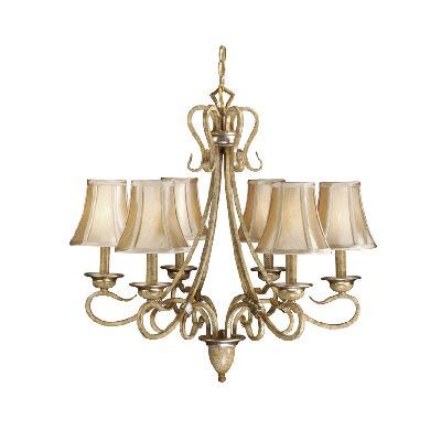 NEW 6 Light Chandelier Lighting Fixture, Gold Brass Patina, Cream Silk 