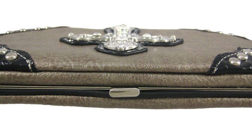 Pewter Hard Wallet with Rhinestone Cross/Black Trim  