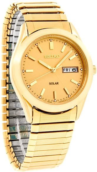 NEW Seiko Solar Gold Tone Gold Dial Mens Watch SNE058  