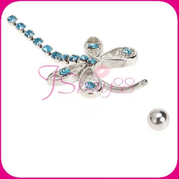   Stainless Steel Dragonfly Dangling Belly Navel Button Ring Aqua  