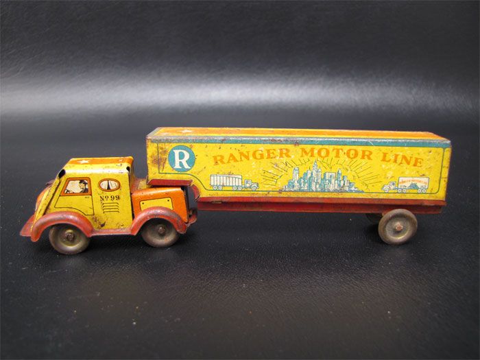 Vintage Ranger Motor Line Wind Up Tin Tractor Trailer  